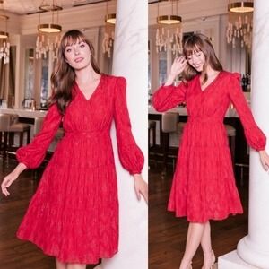Gal Meets Glam Annette Dress Size 2 Ruby Jacquard Puff-Sleeve Tiered NWT $198‎